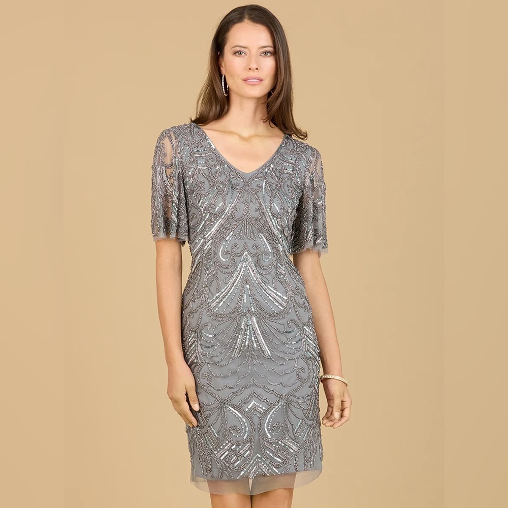 NWT Lara Size 14 BEADED COCKTAIL DRESS WITH SHORT SLEEVES Smoke Grey $338